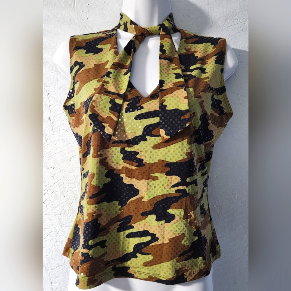Vintage Y2K Coin Camo Sequined Sleeveless Top - Juniors' M